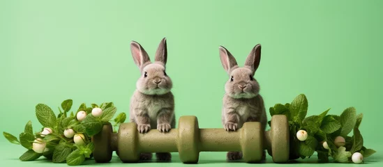 Papier Peint photo Fitness Fitness composition with dumbbells Easter bunnies and boxwood branches Gym workout and training concept Flat lay with green background