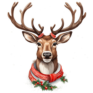 Christmas reindeer with red ribbon, Reindeer illustration, No background , transparent png.