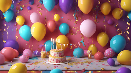 Birthday cake with candles and balloons on pink background. 3D rendering