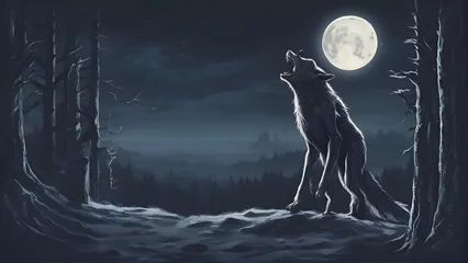 Foto op Canvas Illustration of a wolf in the forest at night with full moon © Waqar