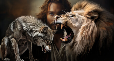 Biblical Symbolism:  Jesus Christ Lion of Judah, and Wolf Representing the Eternal Struggle of Good versus Evil.  Religion.   - obrazy, fototapety, plakaty
