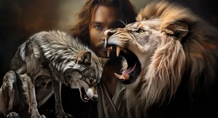 Deurstickers Biblical Symbolism:  Jesus Christ Lion of Judah, and Wolf Representing the Eternal Struggle of Good versus Evil.  Religion.   © touchedbylight