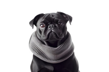 Black pug with gray knit scarf transparent background, Generative AI