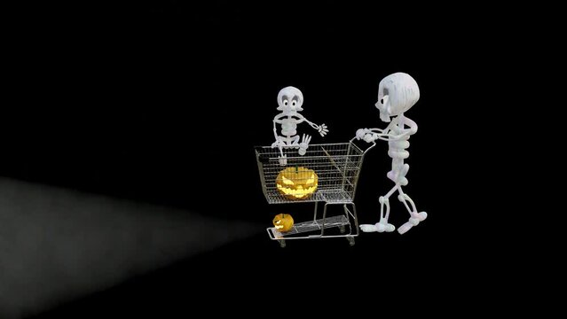 children and grown-ups in skeleton makeup halloween parade pushing a shopping cart carried Jack-o'-lanterns in the deep night .