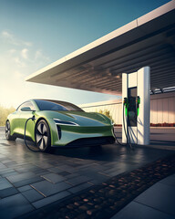 Electrifying Convenience: EV Car at Charging Station - obrazy, fototapety, plakaty
