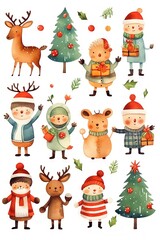 Fototapeta premium Watercolour cartoon style christmas clipart variations, simple, vector, decoration, candy, cake