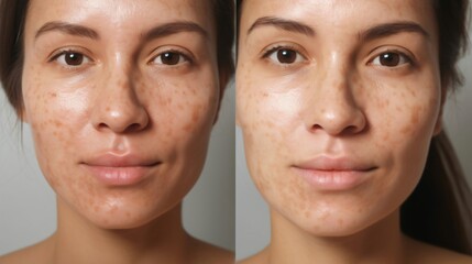 Before and after of Woman with facial treatment concept. Face of lady with melasma and brown spots and open pores , Therapy required, Dermatology - obrazy, fototapety, plakaty
