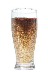 Coffee bean powder instant swirl stirring with hot water in tall glass. Instant coffee powder melt in hot water for ice coffee. White background isolated Freeze element