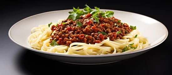 Poster Healthy vegan concept Vegetable lentil bolognese pasta garnished in white dish with parsley © TheWaterMeloonProjec