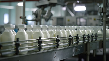 Obraz premium Close-up of milk and yoghurt carefully put into plastic bottles on busy production line, conveyor belt in factory