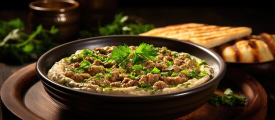 Egyptian classic dip made with fava beans a popular Middle Eastern food known as foul medames - obrazy, fototapety, plakaty