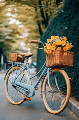Fototapeta na wymiar Waiting for owner Closeup of bicycle with flowers in the basket standing on the road outdoors : Generative AI