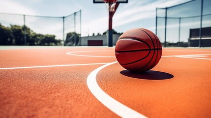 Waiting for players Shot of basketball ball lying on the empty basketball playground outdoors : Generative AI