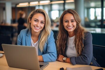 Young and smart Beautiful young women working together and smiling while sitting in the workshop : Generative AI