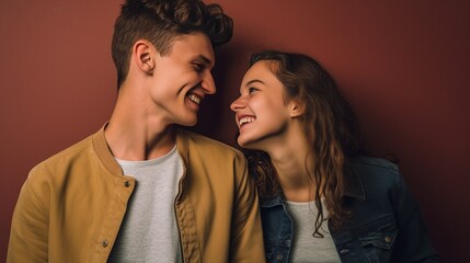 Young and free Beautiful young couple bonding to each other and smiling while leaning at the grey wall with fallen leaves laying around them : Generative AI