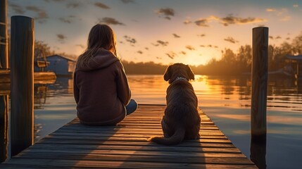 Relaxing with her best friend Rear view of little girl and her dog sitting near the lake while spending time outdoors : Generative AI - Powered by Adobe