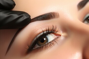 Permanent makeup or eyebrow tattoo. Background with selective focus and copy space - obrazy, fototapety, plakaty