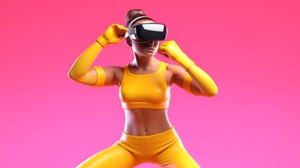 Young woman in virtual reality glasses practicing in punching against colorful background : Generative AI