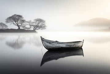 a small canoe suspended at midwater by foggy weather, in the style of scottish landscapes