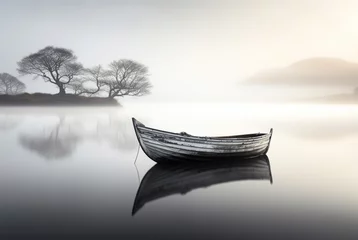 Foto op Canvas a small canoe suspended at midwater by foggy weather, in the style of scottish landscapes © alex