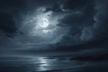 A hauntingly beautiful full moon partially obscured by clouds - obrazy, fototapety, plakaty