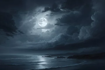 Afwasbaar Fotobehang Volle maan A hauntingly beautiful full moon partially obscured by clouds