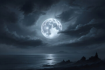 Mysterious full moon over the sea