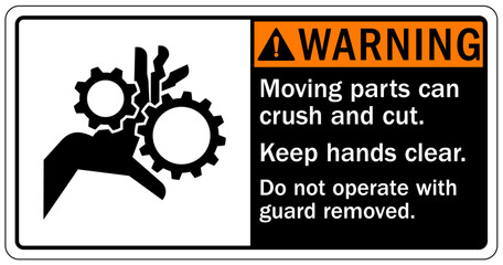 Obraz premium Crush and cut hazard warning sign and labels Moving parts and materials can cut and crush. Keep hands clear. Follow lockout procedure before servicing. Do not operate with guard removed
