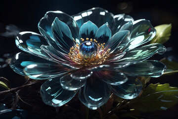 Blooming flower made of crystal glass on dark background