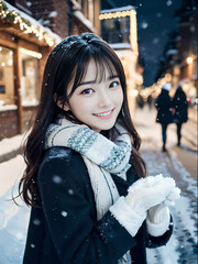 AI画像　クリスマスイルミネーションの輝く雪の夜に笑顔でたたずむ若い女性