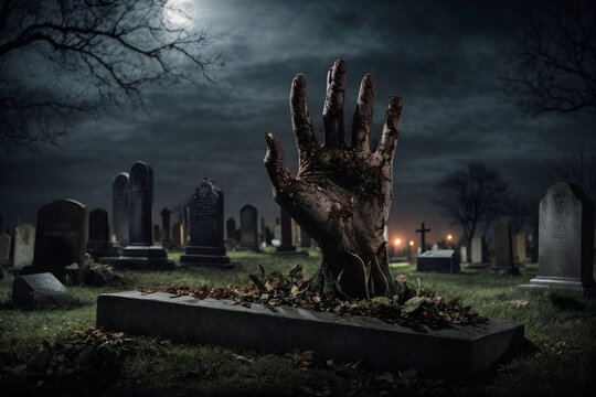 Zombie hand rising out of a graveyard in spooky night 