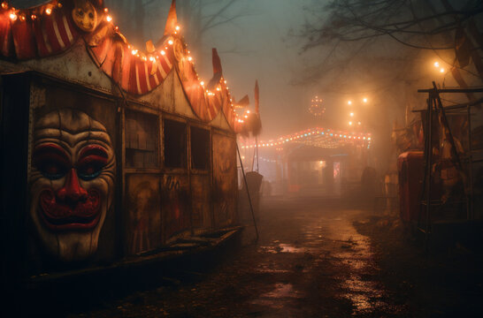 Abandoned amusement park at night with a lot of lights and fog