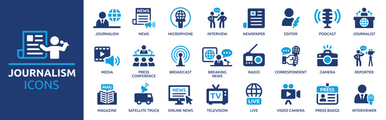 Journalism icon set. Containing journalist, news, microphone, interview, reporter, podcast, press badge, newspaper and radio. Solid icons collection. Vector illustration. - obrazy, fototapety, plakaty