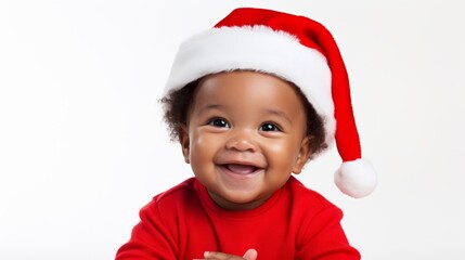a closeup photo portrait of a cute little kid black african american baby boy model smiling laughing. wearing a red santa cap hat at christmas. isolated on white studio background. Generative AI