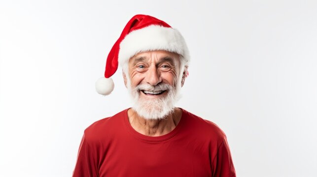 a closeup photo portrait of a handsome old elderly american man model smiling laughing. wearing a red santa cap hat at christmas. isolated on white studio background. Generative AI