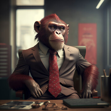 Image of a monkey wearing businessman suit style on a office background