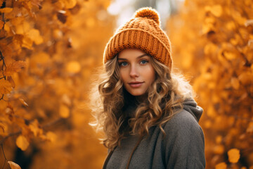 Portrait of a beautiful woman in the park in autumn