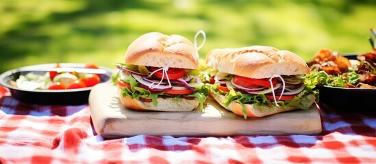 Tasty salad sandwiches for a picnic with a red and white checked tablecloth and copyspace