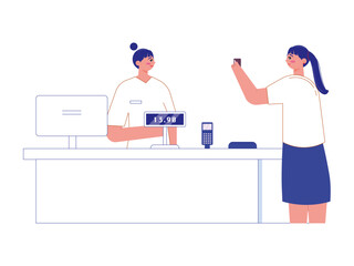 Woman is making a transaction at the cashier. Market vector illustration. Flea market vector flat illustration