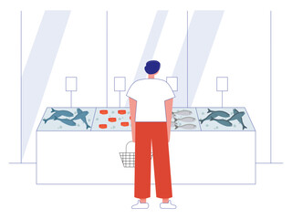 Men choose meat and fish at the market. Market vector illustration. Flea market vector flat illustration