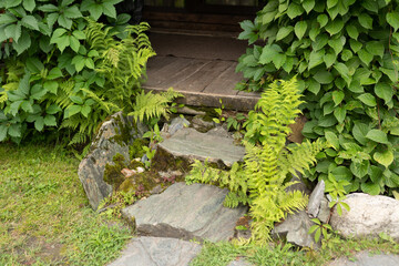 Stone steps to the veranda of the garden house