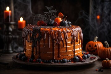 Halloween pumpkin and candle cake Hyper-Realistic High-Resolution Spooky Yet Tempting, Delicious, AI Generated
