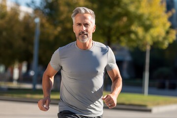 Portrait of a middle-aged man jogging in a city park in the morning