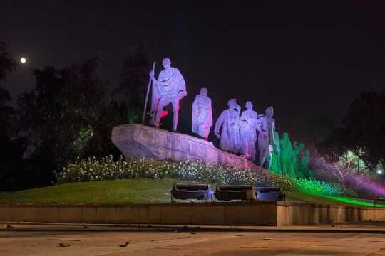 Dandi March Statue illuminated at night, commemorating the Salt March of 1930 in New Delhi, India