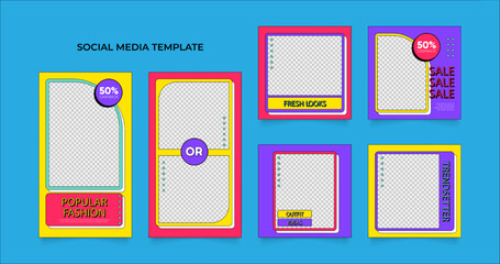 social media template banner blog fashion sale promotion. fully editable instagram and facebook square post frame puzzle organic sale poster. fresh yellow red blue vector background