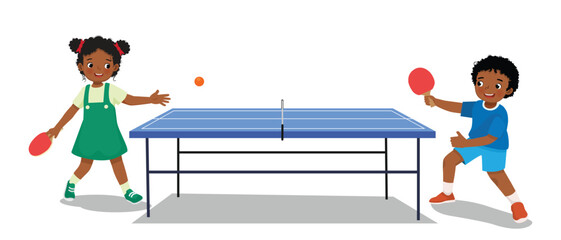 Cute little African kids boy and girl playing table tennis ping pong together