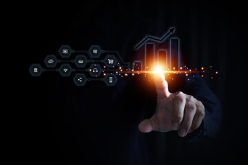 Digital marketing with graph and social media technology for growth planning or internet mobile banking bill payment or online shopping or financial cyber security and customer service concept.