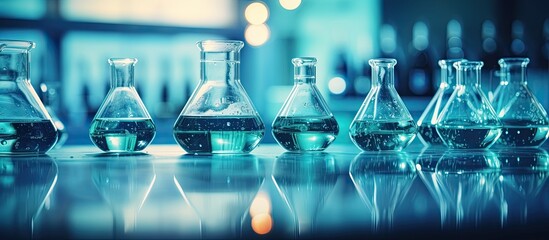 Lab flasks on blue scientific background empty or filled with clear liquid and reflecting on table