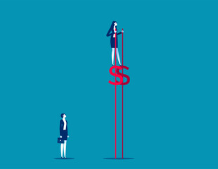 Rich person walking on stilts. Business cartoon style vector illustration