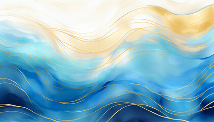 Abstract blue wave with gold lines watercolor texture painting. Colorful art teal, yellow wavy ink lines fairytale background. Bright colorful water waves. Ocean beach illustration mobile web backdrop - obrazy, fototapety, plakaty